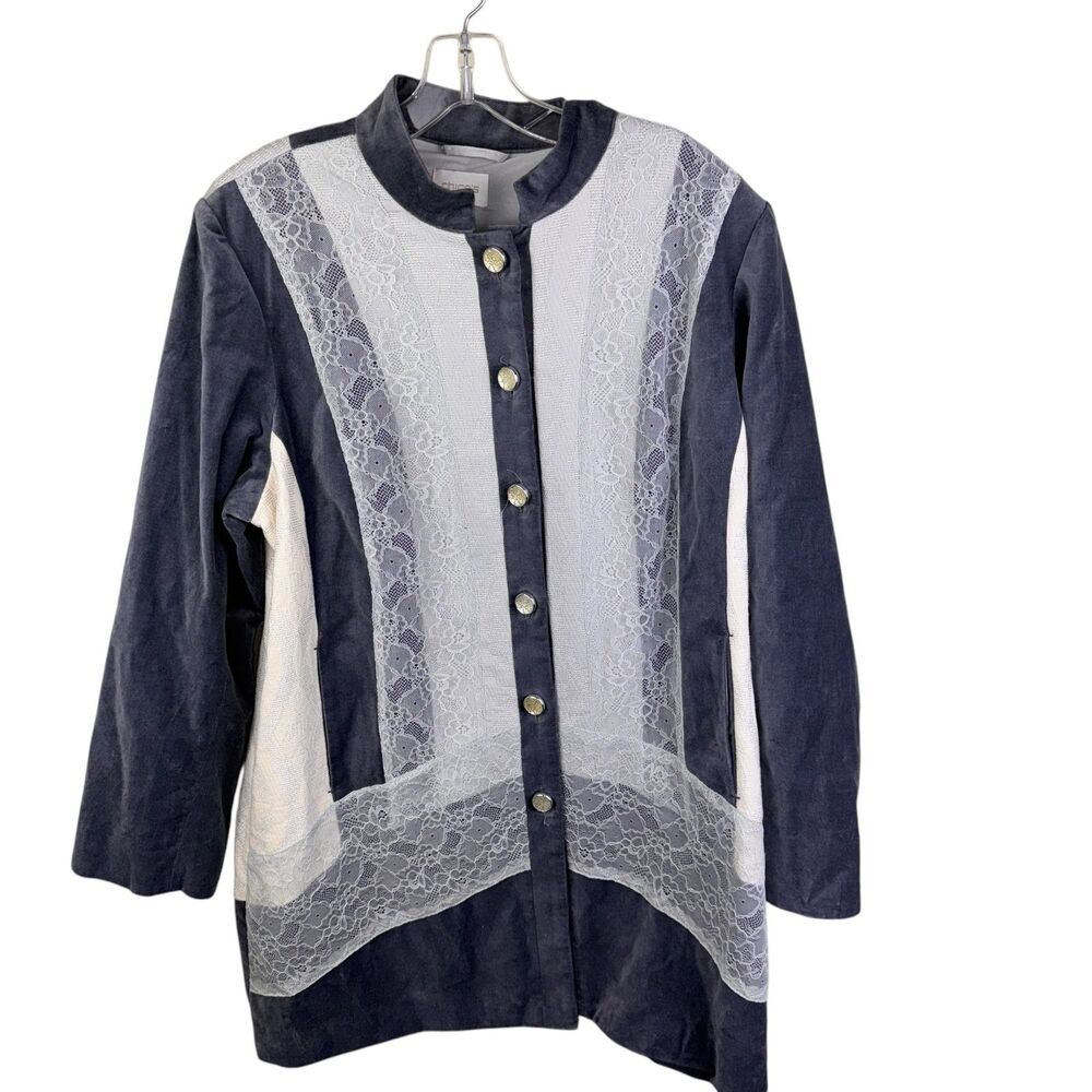 Women's CHICO'S Gray Velvet Lace Patchwork Artisan Jacket Blazer Size 2 Large Po